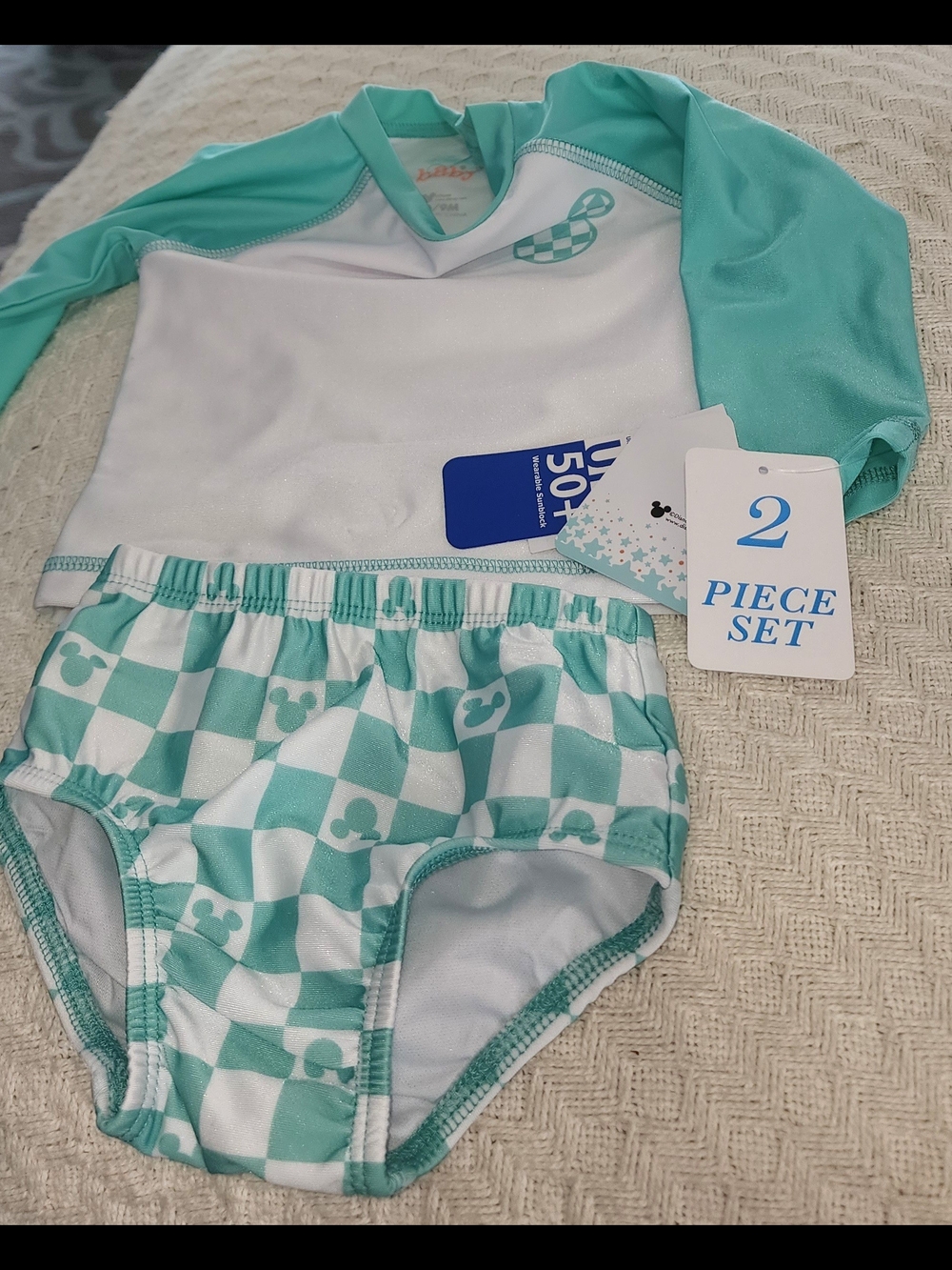 Disney Baby Mint & White Infant Swim Top And Checked Bottoms 6/9M NWT